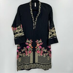 Stitch Floral Embroidered Kaftan Tunic Black Boho Festival Small